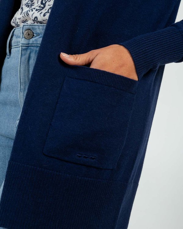 Cardigan long type cardicool à poches en laine et coton bleu Cardigan long type cardicool à poches en laine et coton bleu