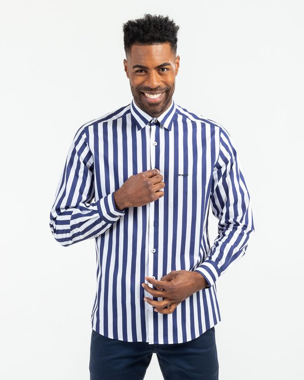 Chemise manches longues rayures batons en coton bleu