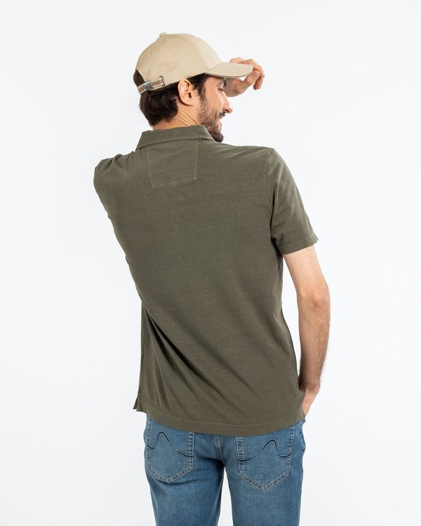 Polo uni manches courtes en coton et lin vert