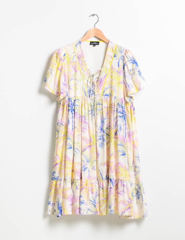 Robe évasée imprimé tropical manches courtes blanc Robe évasée imprimé tropical manches courtes blanc