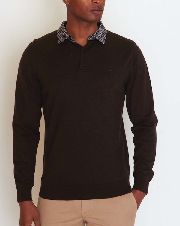 Pull uni avec col chemise imprimé broderie trois vaches en coton marron Pull uni avec col chemise imprimé broderie trois vaches en coton marron