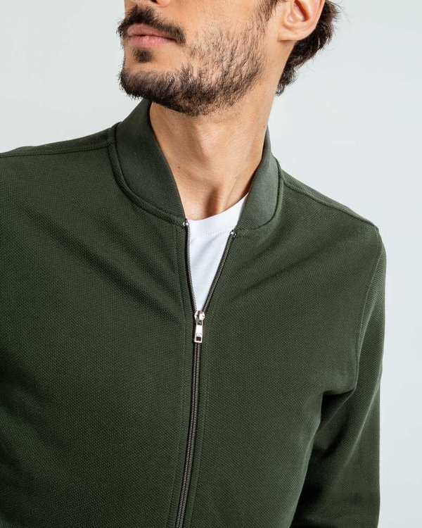 Sweat uni col teddy zip tricolore en coton vert