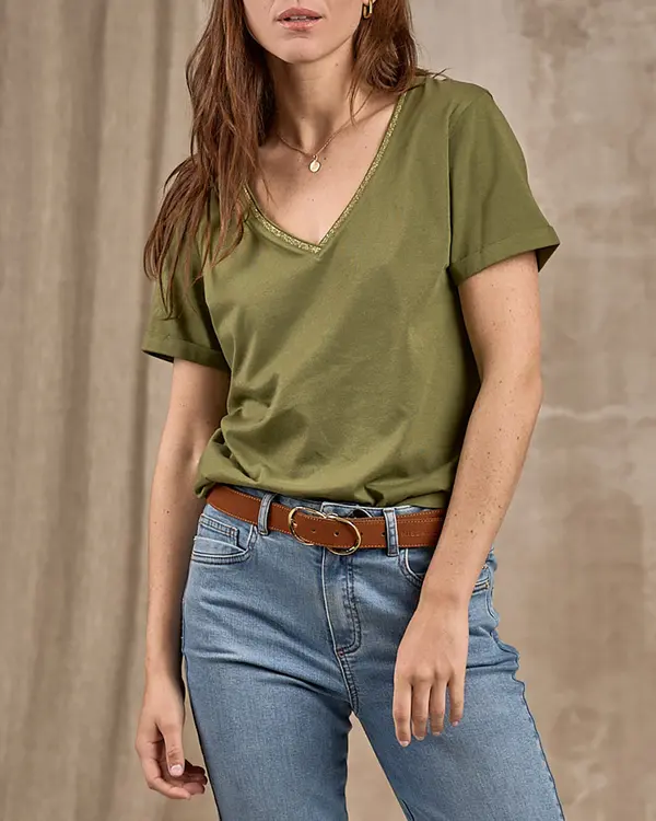 T-shirt col V lurex vert
