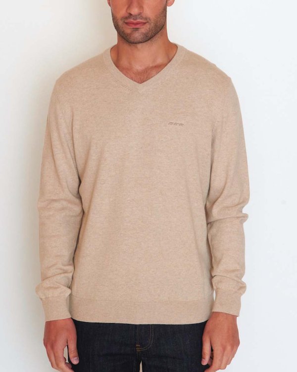 Pull Gabin regular manches longues uni col V coton cachemire beige Pull Gabin regular manches longues uni col V coton cachemire beige