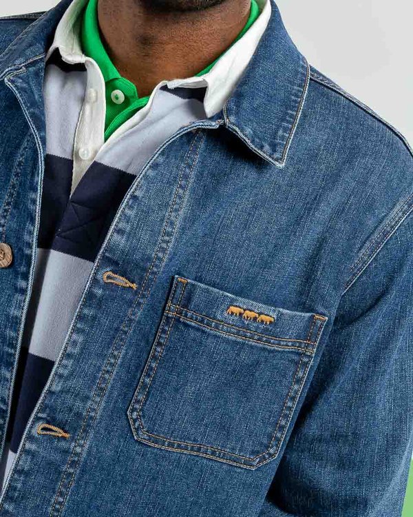 Veste peintre jean broderie 3 vaches en coton bleu Veste peintre jean broderie 3 vaches en coton bleu