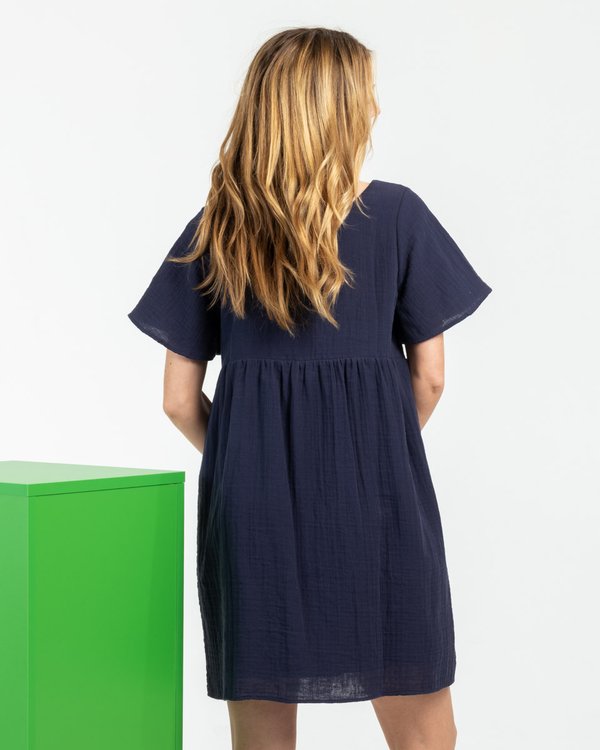 Robe unie évasée col carré en coton bleu Robe unie évasée col carré en coton bleu