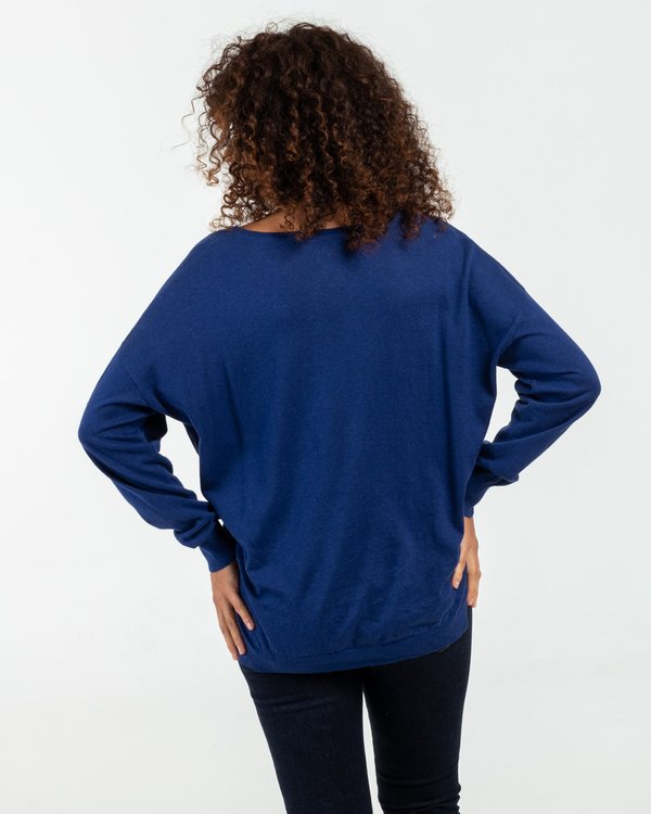 Pull uni col V en coton et lin bleu Pull uni col V en coton et lin bleu