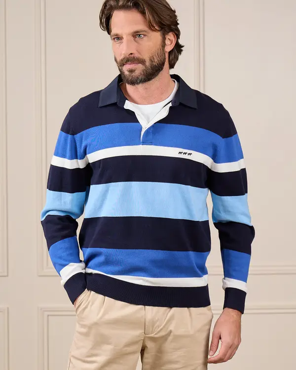 Pull rugby rayé bleu