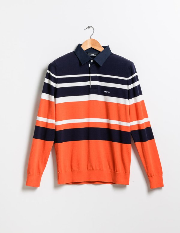 Pull rayé col polo coton issu de l'agriculture biologique bleu