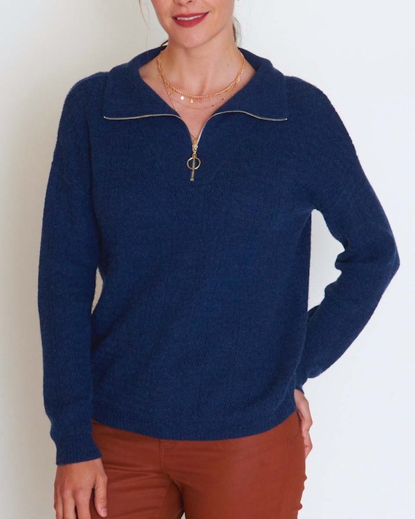 Pull col camionneur manches longues uni maille fantaisie bleu Pull col camionneur manches longues uni maille fantaisie bleu