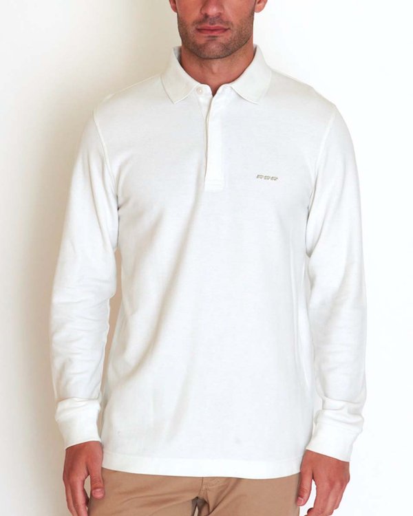 Polo Gaspard manches longues à boutonnière cachée uni en coton blanc Polo Gaspard manches longues à boutonnière cachée uni en coton blanc