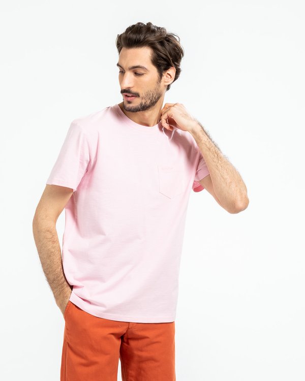 T-shirt uni manches courtes poche poitrine en coton rose