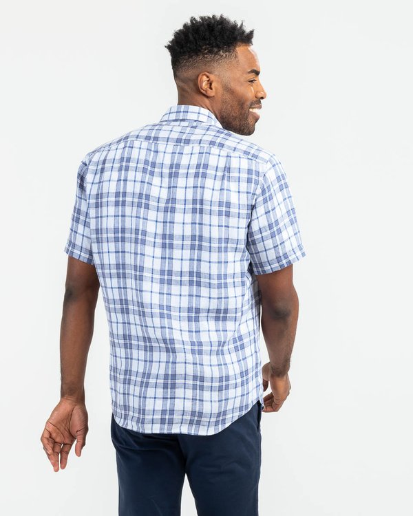 Chemise manches courtes regular fit à carreaux en lin bleu Chemise manches courtes regular fit à carreaux en lin bleu