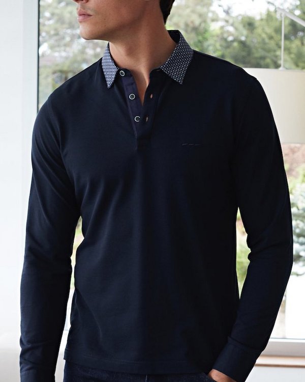 Polo manches longues col chemise quadrillé en coton bleu Polo manches longues col chemise quadrillé en coton bleu