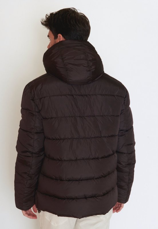 Doudoune mi-longue unie zippée à capuche amovible marron