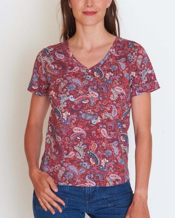 T-shirt col V à manches courtes imprimé cachemire rouge T-shirt col V à manches courtes imprimé cachemire rouge