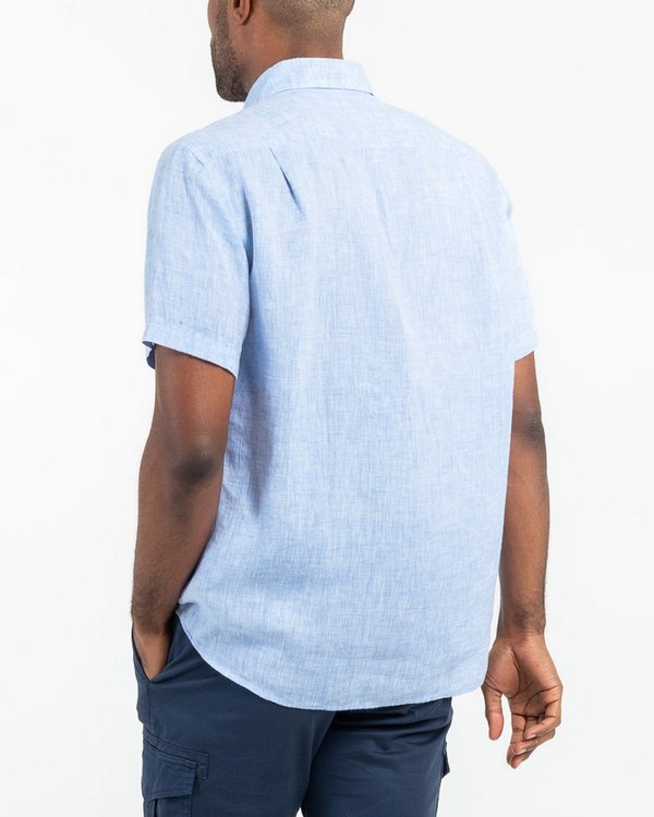 Chemise en lin regular fit unie à manches courtes bleu