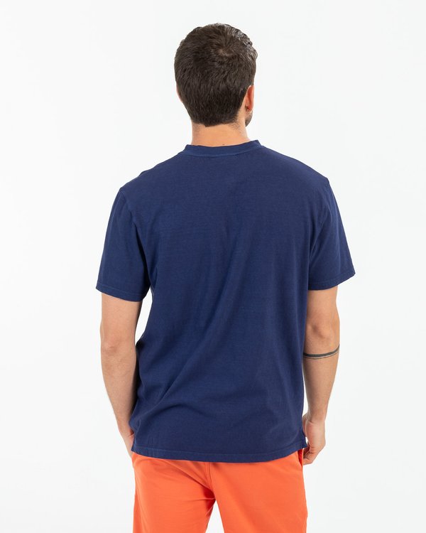 T-shirt uni col tunisien manches courtes coton et lin bleu