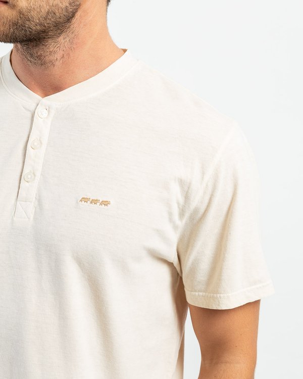 T-shirt uni col tunisien manches courtes coton et lin beige