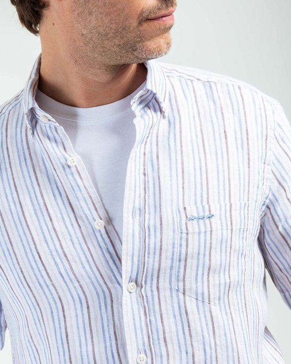 Chemise manches courtes à rayures verticales en lin bleu Chemise manches courtes à rayures verticales en lin bleu
