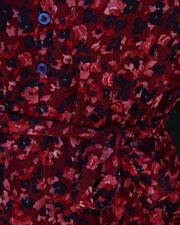 Robe longue imprimé exclusif détails smockés rouge