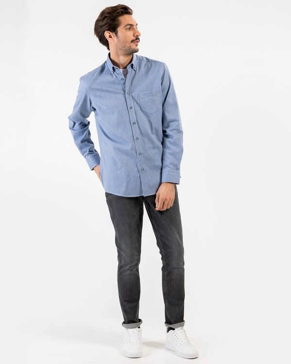 Chemise unie à manches longues 100% coton bleu Chemise unie à manches longues 100% coton bleu