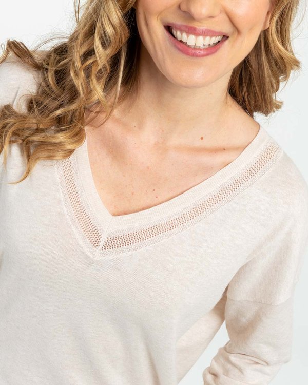 Pull uni col V en coton et lin beige Pull uni col V en coton et lin beige