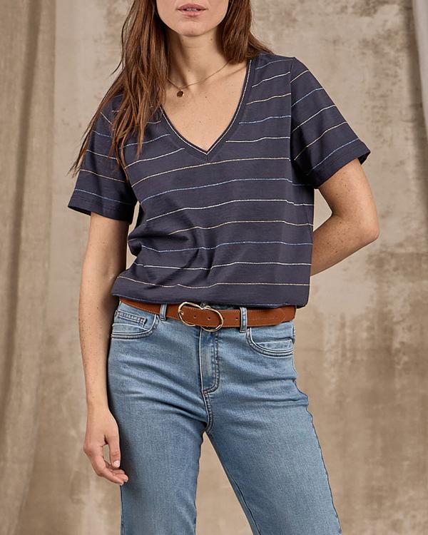 T-shirt col V rayé bleu