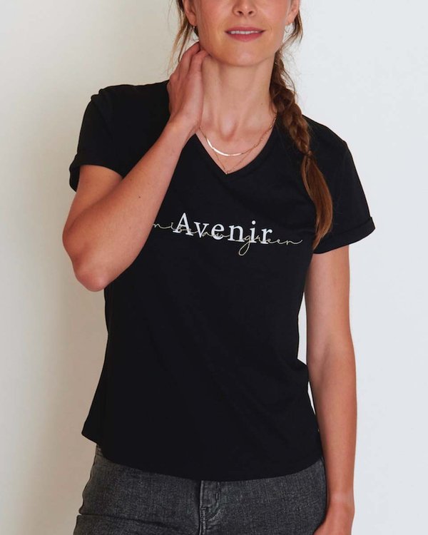 T-shirt à message broderie à manches courtes col V noir T-shirt à message broderie à manches courtes col V noir