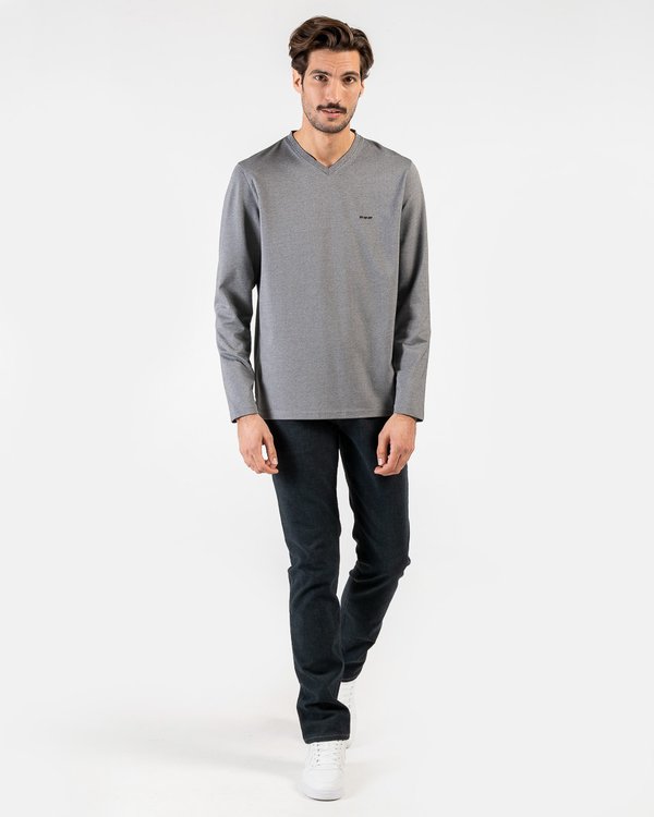 T-shirt col V uni à manches longues broderie trois vaches gris T-shirt col V uni à manches longues broderie trois vaches gris