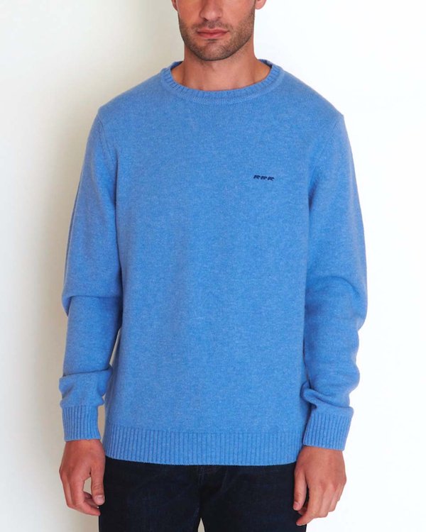 Pull Théo col rond bord côte uni broderie trois vaches bleu Pull Théo col rond bord côte uni broderie trois vaches bleu