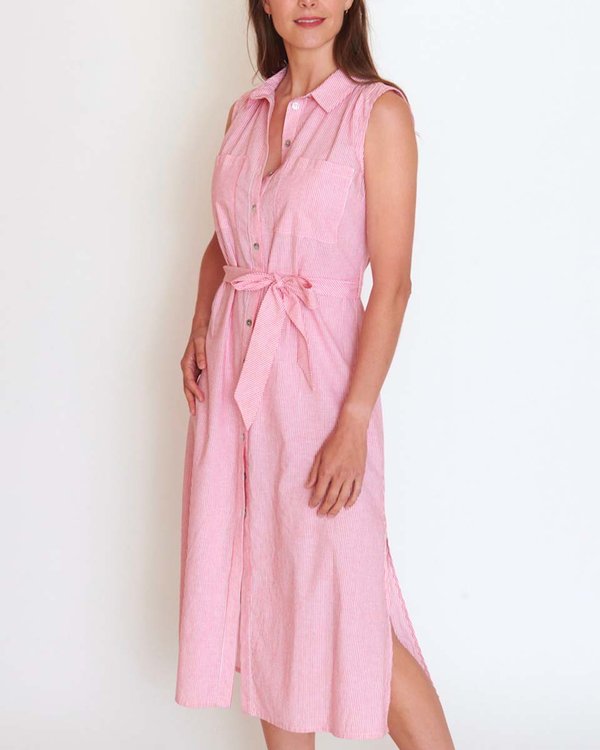 Robe midi sans manches à rayures fines verticales rouge Robe midi sans manches à rayures fines verticales rouge