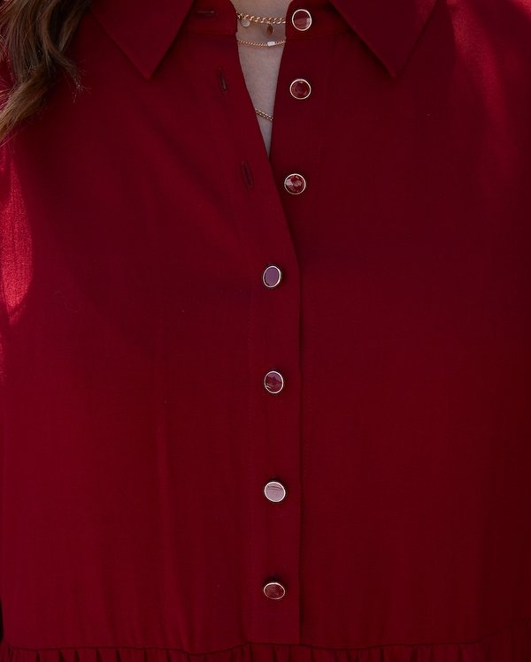 Robe unie évasée façon chemise à manches longues rouge Robe unie évasée façon chemise à manches longues rouge