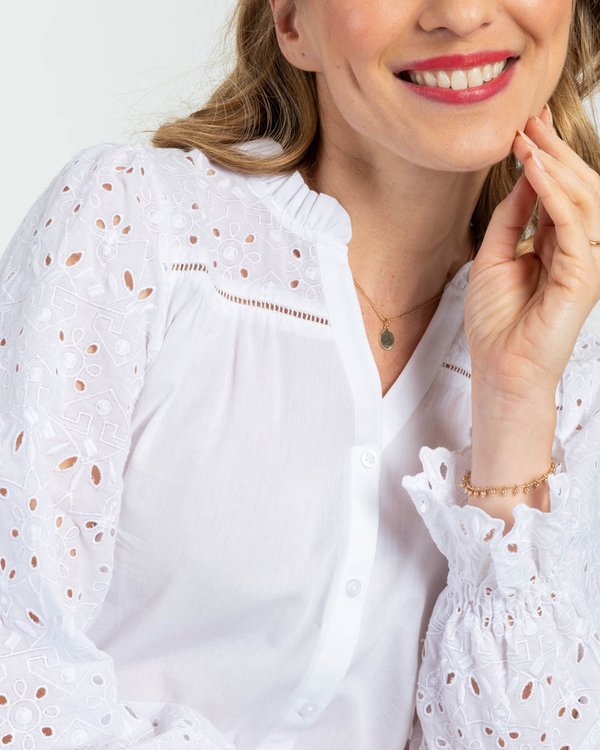 Chemisier manches longues broderie anglaise en coton blanc