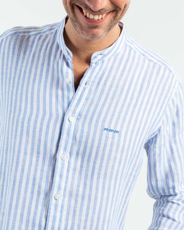 Chemise col mao unie à manches longues en lin bleu