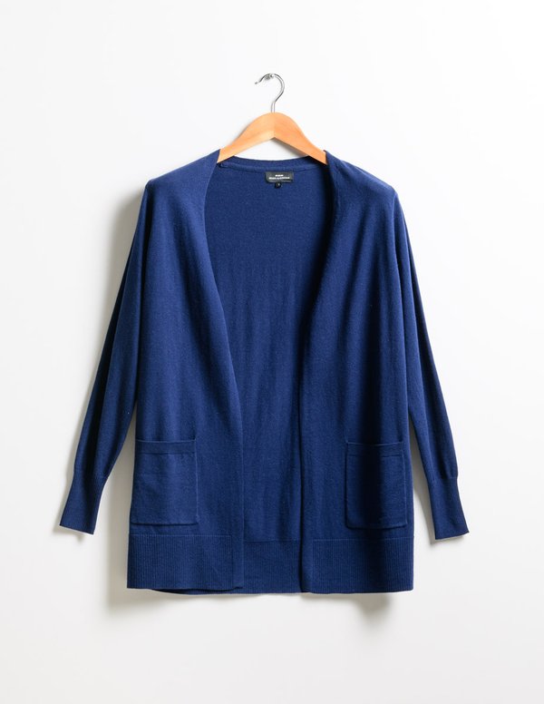 Cardigan long type cardicool à poches en laine et coton bleu