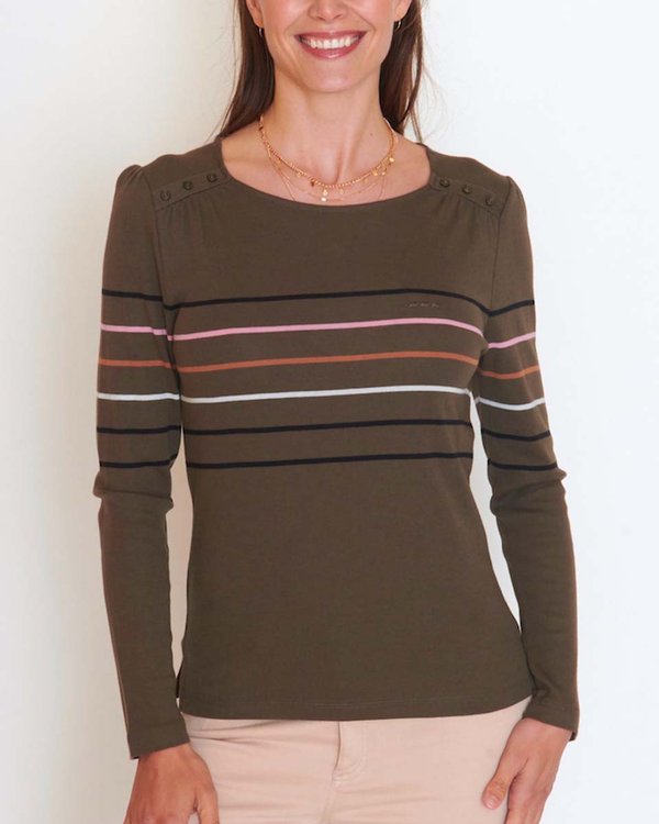 T-shirt manches longues rayures multicolores esprit marinière vert T-shirt manches longues rayures multicolores esprit marinière vert