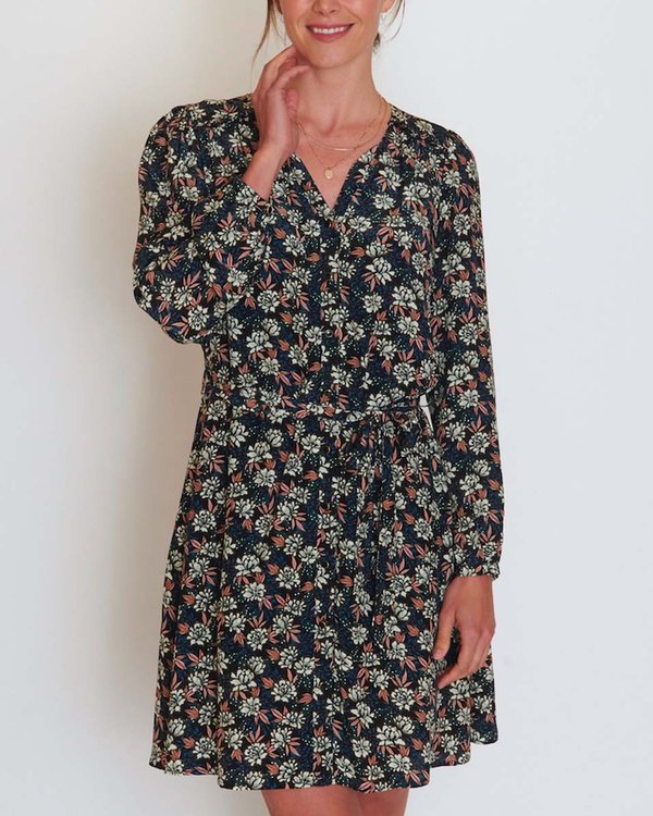 Robe à fleurs longueur genou à col V noir Robe à fleurs longueur genou à col V noir