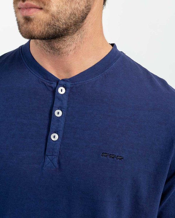 T-shirt uni col tunisien manches courtes coton et lin bleu
