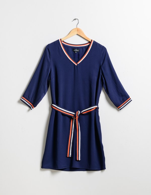 Robe unie col V ceinture tricolore en viscose orange