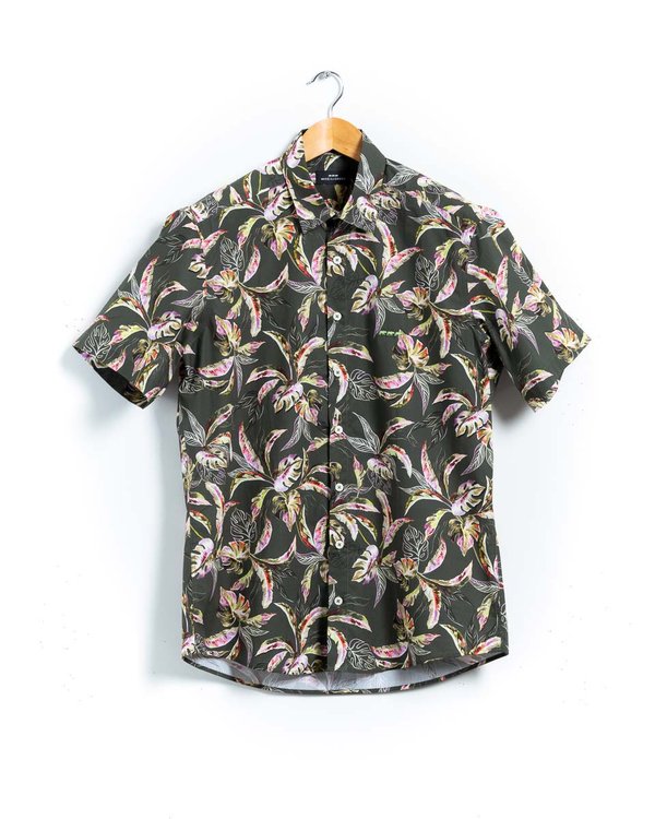 Chemise regular fit manches courtes imprimée en coton vert Chemise regular fit manches courtes imprimée en coton vert