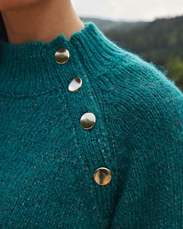 Pull à col montant boutonné uni maille moulinée vert Pull à col montant boutonné uni maille moulinée vert