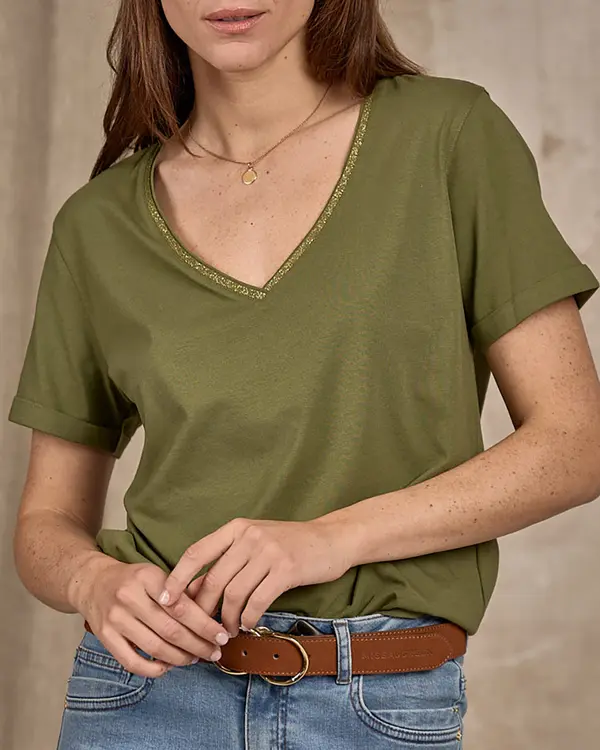 T-shirt col V lurex vert