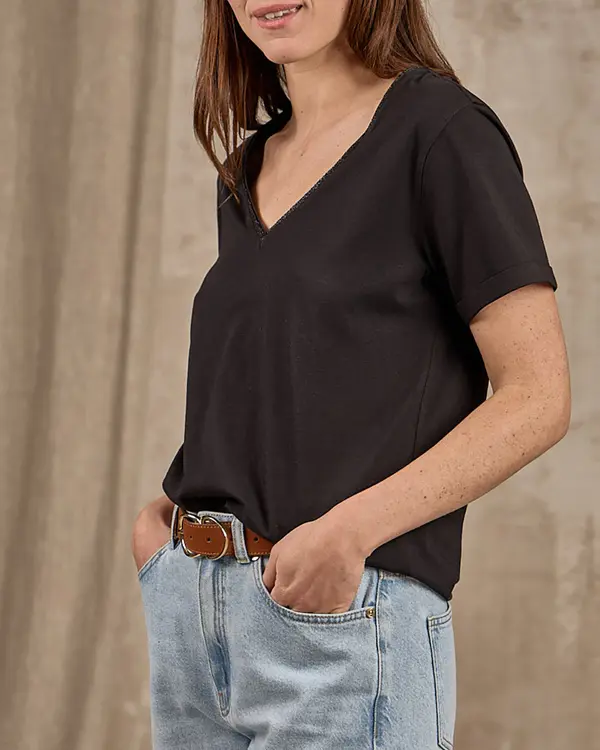T-shirt col V lurex noir