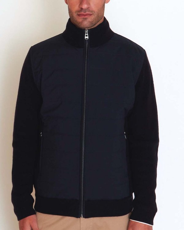Cardigan matelassé bi-matière col montant poches zippées bleu Cardigan matelassé bi-matière col montant poches zippées bleu
