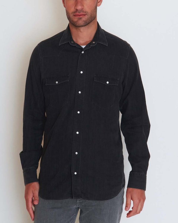 Chemise western en jean manches longues poche poitrine noir Chemise western en jean manches longues poche poitrine noir
