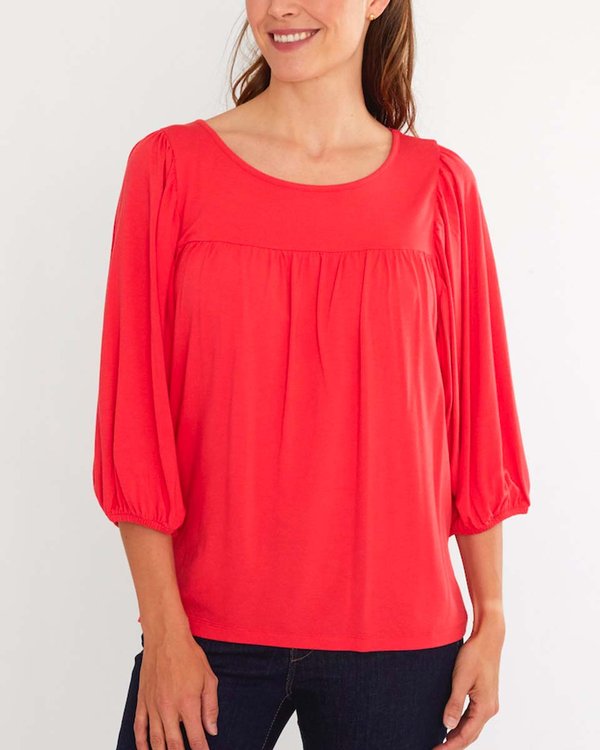 T-shirt manches 3/4 ballons uni col rond viscose et laine rouge T-shirt manches 3/4 ballons uni col rond viscose et laine rouge