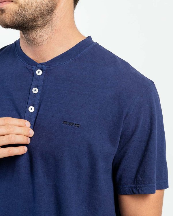 T-shirt uni col tunisien manches courtes coton et lin bleu