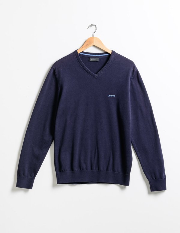 Pull uni Charlie col V en coton certifié Oeko-Tex bleu