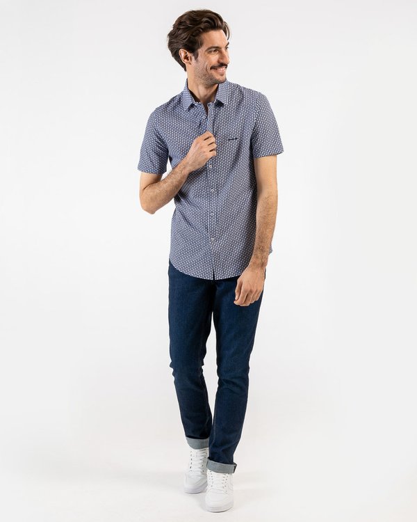 Chemise fantaisie à manches courtes en coton bleu